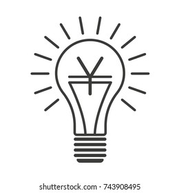 Black outline vector lightbulb with yen, simple linear business idea. Flat isolated finance symbol with japanese or chinese currency sign in the bulb