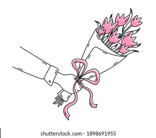 Un contorno negro en un vector, un hombre con una camisa sosteniendo un ramo de siete tulipanes rosados en su mano derecha. El ramo está envuelto en papel envuelto y atado con un arco rosado. Hecho en un estilo de doodle simple