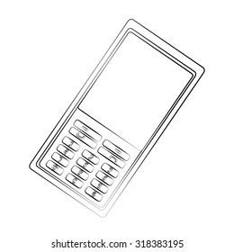 Black outline vector mobile phone on white background.