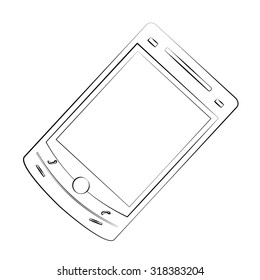 Black outline vector mobile phone on white background.