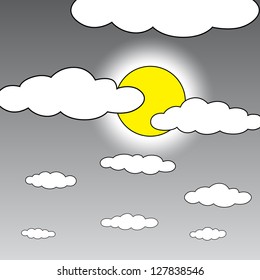 Black outline vector moon and cloud on white background.