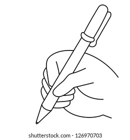 Black outline vector pen and hand on white background.