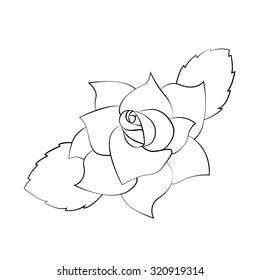 Black outline vector rose on white background.