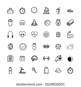 a black outline vector set of Comprehensive Fitness and Wellness Icon Set on white background