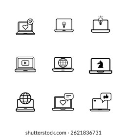 Un conjunto de Vector de contorno negro de iconos de la computadora portátil con Elementos