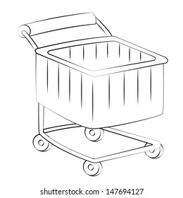 Black outline vector shopping cart on white background.