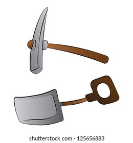 Black outline vector shovel and mattock on white background.
