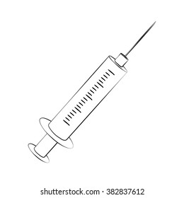 Black outline vector syringe on white background.