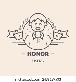 Black outline vector UX Badge with cute boy circular avatar illustration and real user experience quote. Wonder brands honor users