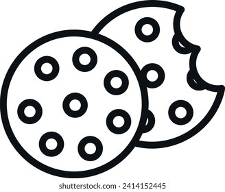 A black outline vector of a whole cookie and a bitten one with chocolate chips.
