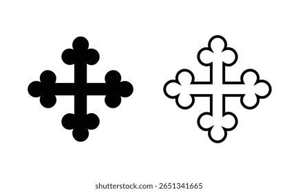 Versões em preto e contorno de um símbolo de cruz decorativo com extremidades em forma de trevo. Um design simples e simétrico frequentemente usado em arte gráfica e iconografia religiosa, heráldica ou ornamental.