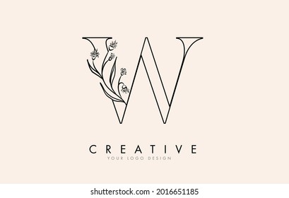 Black Outline W letter logo design with black flowers vector illustration. Creative and elegant icon.