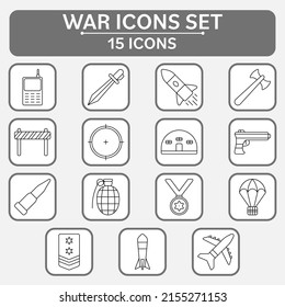 Black Outline War Icon Set On Square Background.