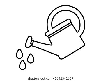 Black outline of watering can pouring water drops, isolated on white background, graphic illustration. concept of gardening, watering plants, garden tool, icon, logo, design element.