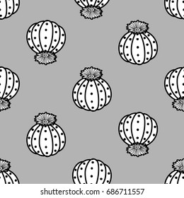 Black outline & white plane succulents on gray background. Seamless pattern vector illustration.