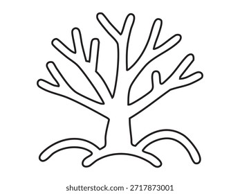 Schwarzer Umriss des Winterbaums Symbol einzeln auf weißem Hintergrund, einfache Illustration. Konzept der Natur, kalte Jahreszeit, minimalistische Kunst, karge Zweige, Design-Element.
