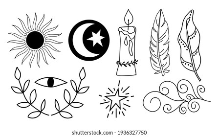 Black outline witchcraft symbols - sun, feather, candle, eye, moon and sun. Vector magic illustrations. Hand drawn doodles sketch magician set.