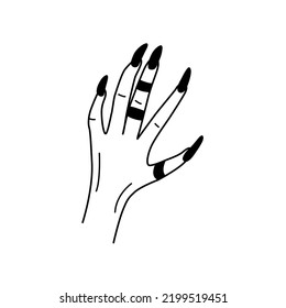 Black outline woman hand with long nails and rings doodle style, vector illustration isolated on white background. Hand drawn part of body, design element