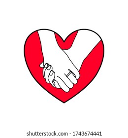 the black outline of woman hand who is wearing a ring . she is holding man hand tightly in the red heart shape. wedding day, ceremony, love, anniversary, connection, bonding concept.