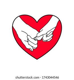 The Black outline of woman and man are holding little finger together in the red heart shape. Valentine, Couple, relationship, promises, friendship and love concept. Illustration vector.