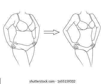 Black outline of woman on the way to lose weight in underwear, isolated on white background