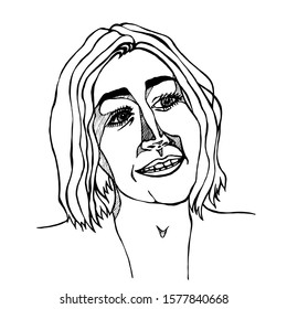 Black outline woman portrait. Vector hand drawn illustration isolated on white. For print, decor, card, design.