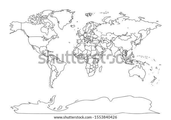 Vektor Stok Black Outline World Map Flat Template (Tanpa Royalti ...