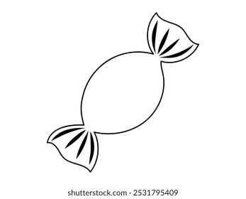 Black outline of a wrapped candy isolated on white background. Concept of sweets, confectionery, dessert, minimalistic design, line drawing. Print, icon, design element, coloring page