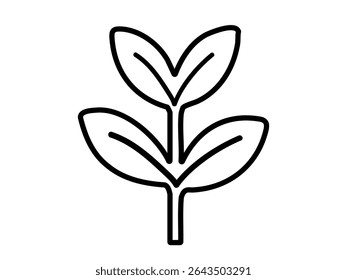 Black outline of young plant with leaves isolated on white background, graphic illustration. concept of seedling, sapling, nature, growth, botany, logo, eco-friendly design, minimalist art.