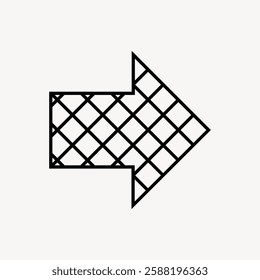 Black outlined arrow with a crisscross pattern pointing right. Arrow design with crisscross lines. Simple arrow, crisscross pattern, right direction. Isolated vector element.