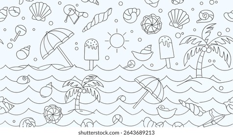 Black outlined beach scene with seashells, ice cream, palm trees, umbrellas, sun, and ocean waves in a repeating pattern.