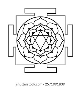 Black outlined Bhuvaneswari Yantra featuring hexagram, lotus petals, and square frame on white background