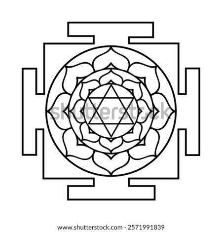 Black outlined Bhuvaneswari Yantra featuring hexagram, lotus petals, and square frame on white background