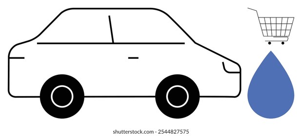 Black outlined car next to a blue water droplet and a shopping cart. Ideal for car maintenance, water conservation, environmental awareness, shopping, transportation themes. Simple vector style