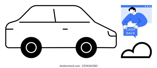 Black outlined car, person in browser showing cash back concept, and black outlined cloud. Ideal for themes like car sales, cash back offers, finance management, online marketing, and car rental