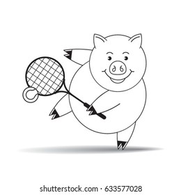 black outlined cartoon pig playing tennis-vector drawing