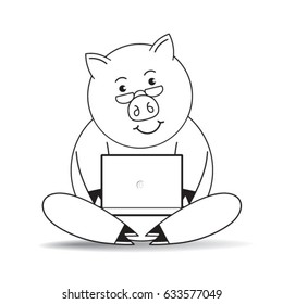 black outlined cartoon pig sitting with laptop-vector drawing