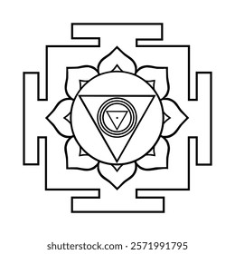 Black outlined Chinnamasta Yantra featuring interlocked triangles, lotus petals, and square frame on white