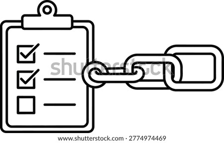 A black outlined clipboard with a checklist and a chain linked to it, on a white background. The clipboard has a clip at the and three lines with two...