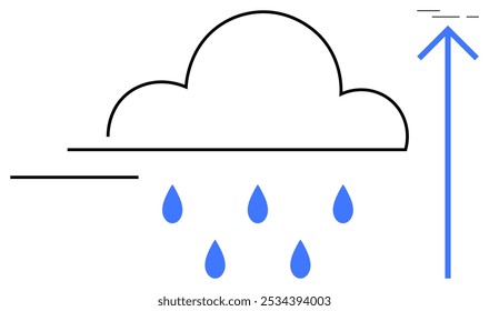 Nuvem preta contornada com gotas de chuva azuis e uma seta azul apontando para cima. Ideal para previsão do tempo, meteorologia, mudanças climáticas, educação e consciência ambiental. Minimalista, limpo, moderno