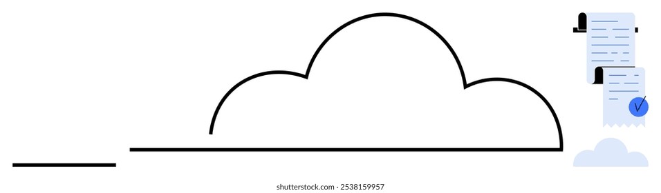 Black outlined cloud with documents on the right. One document is stamped with a blue security checkmark on top. Ideal for digital storage, cloud computing, document management, data security