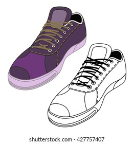 Black outlined & colored sneakers shoes set front view, vector illustration isolated on white background