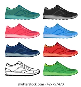 Black outlined & colored sneakers shoes set side view, vector illustration isolated on white background