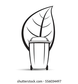black outlined dustbin over huge leaf-vector drawing