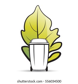 black outlined dustbin over huge green leaf-vector drawing