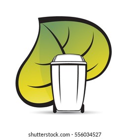 black outlined dustbin over huge green leaf-vector drawing