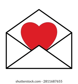 Black outlined envelope containing vivid red heart representing affectionate communication