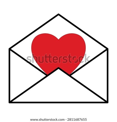 Black outlined envelope containing vivid red heart representing affectionate communication