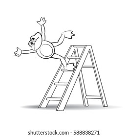 black outlined frog falls from ladder-vector drawing