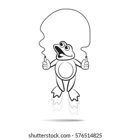 black outlined frog happy mascot jump rope-vector drawing